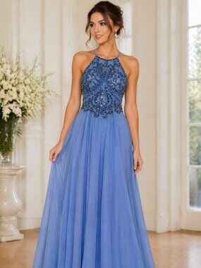 Jovani Blue Jeweled Evening Gown SZ 00 Beaded Formal Prom Dress Chiffon Flowy